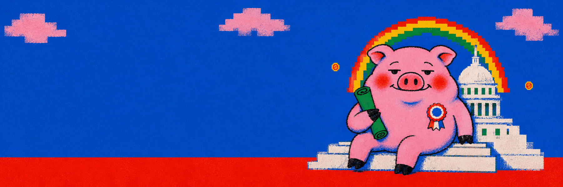 A pig in a rosette sitting on the Capitol steps under a pixel rainbow