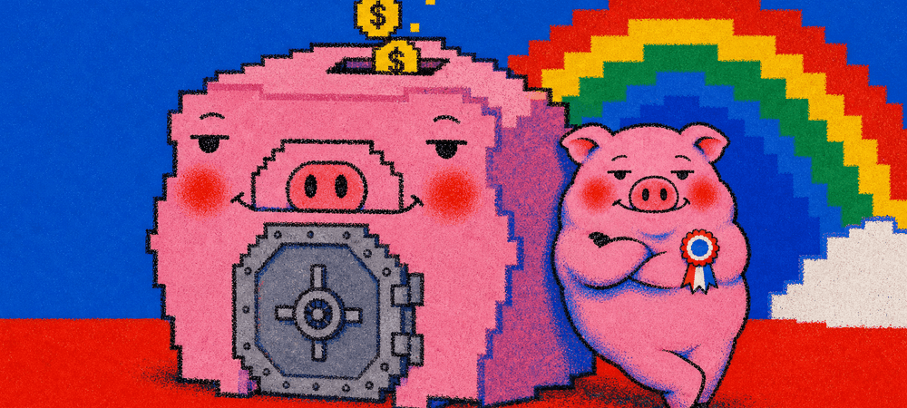 A pixel piggy bank with a steel vault door swallowing coins